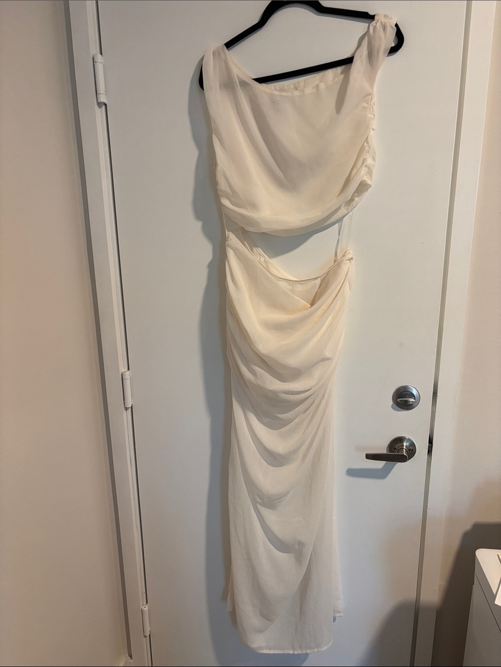 Backless Cream Draped Evening Gown